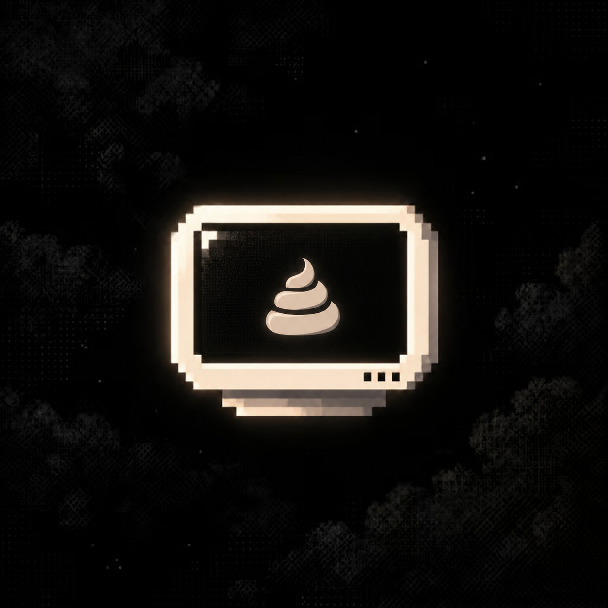 A glowing pixel-art computer floating in space with a playful poop icon on its screen
